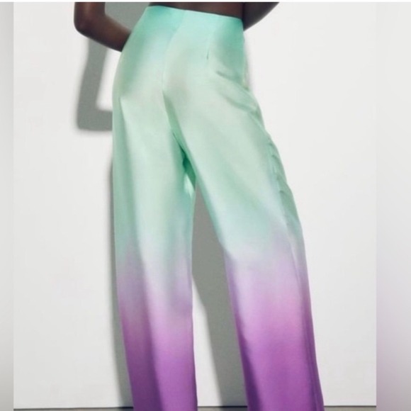 Zara Ombre Satin Pants High Waist Wide Leg Flowy Mint Purple Side Zip XS NWT - Picture 15 of 15